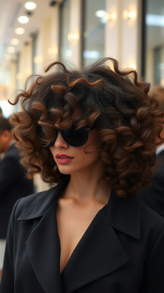 A woman with voluminous curly hair styled in a dramatic side sweep, wearing sunglasses.