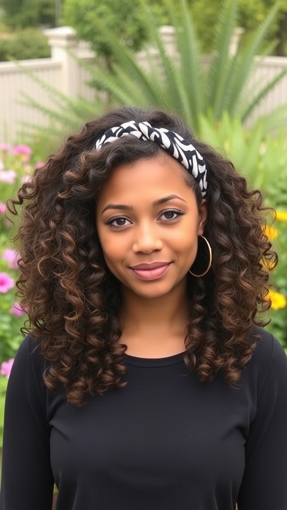 A woman with curly hair wearing a black and white patterned headband.