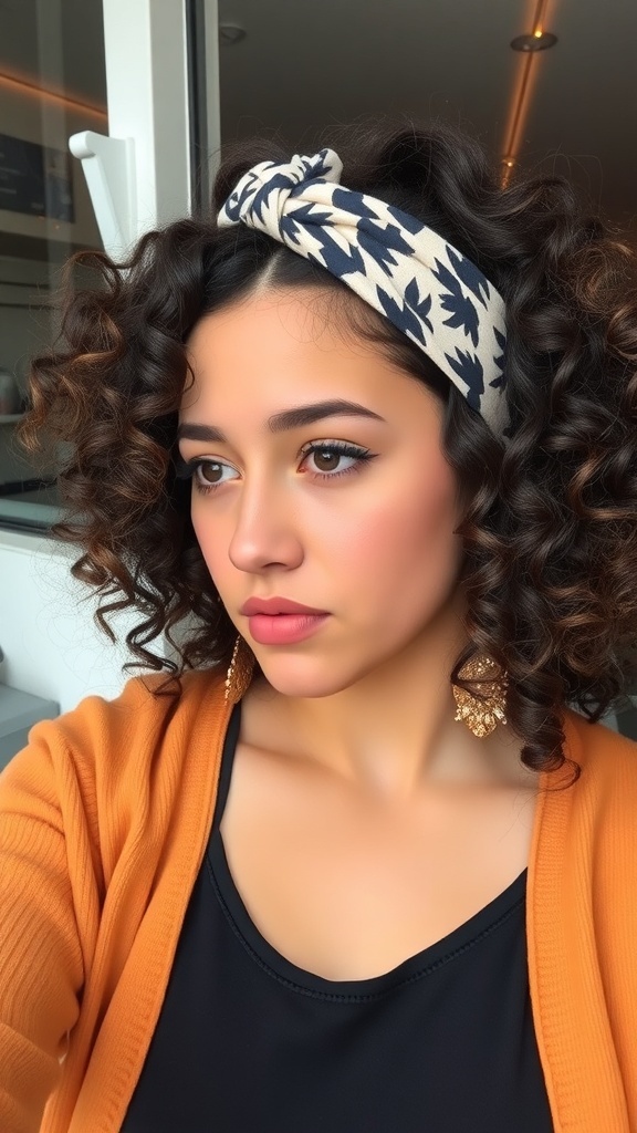 A woman with curly hair wearing a patterned headband and orange cardigan, showcasing a stylish look.
