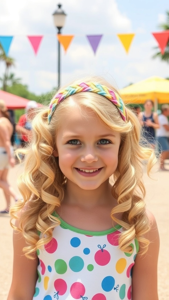 A young girl with blonde curly hair wearing a colorful headband, smiling at a festive outdoor event.