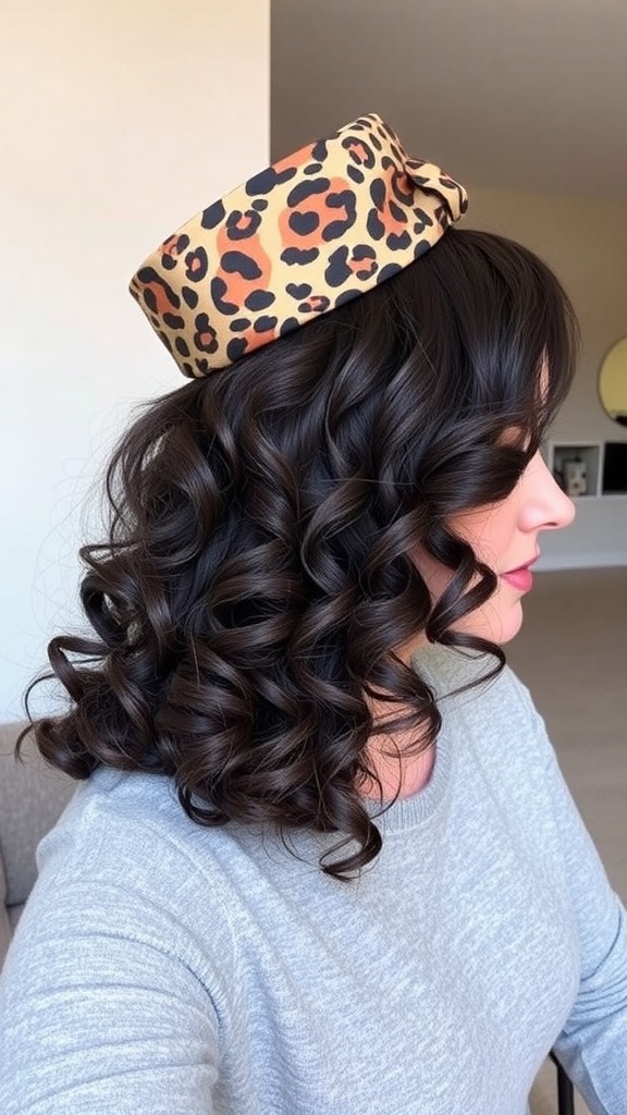A woman with curly hair styled with a leopard print headband.