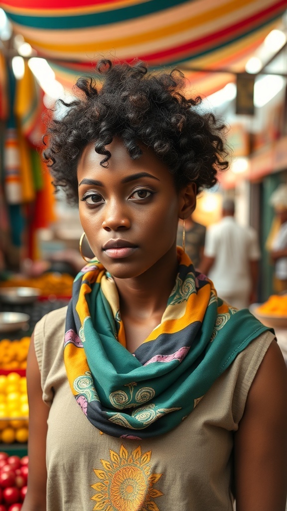 A person with curly hair wearing a colorful headscarf in a vibrant market setting.