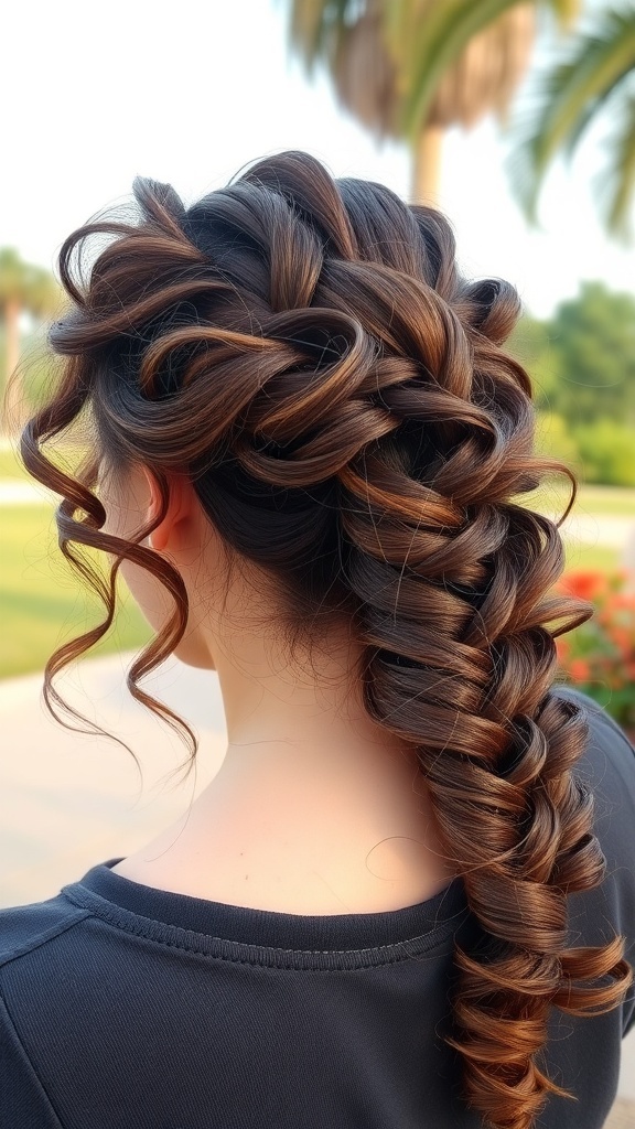 A woman with curly hair styled in a side braid, showcasing elegant curls and a beautiful braid.
