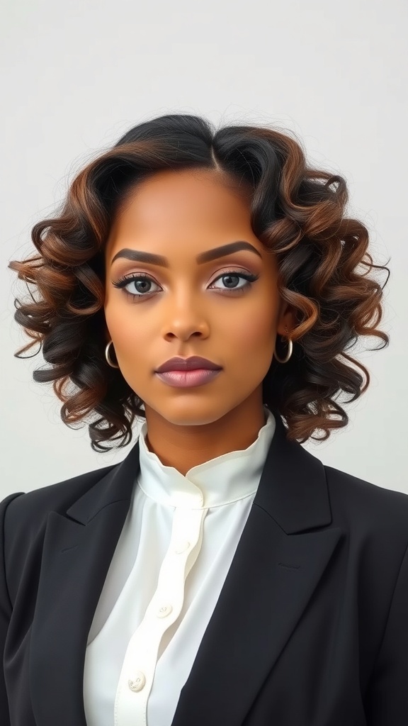 A woman with curly hair styled in a sleek finish, wearing a professional outfit.