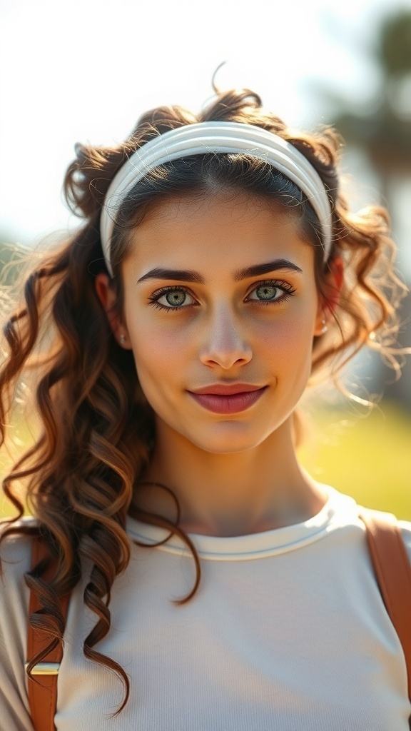 A young woman with curly hair wearing a sleek headband, showcasing a stylish look.
