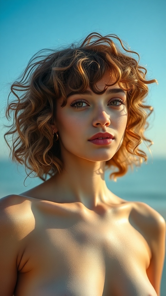 A woman with curly hair and a soft fringe, showcasing a vibrant and playful hairstyle.