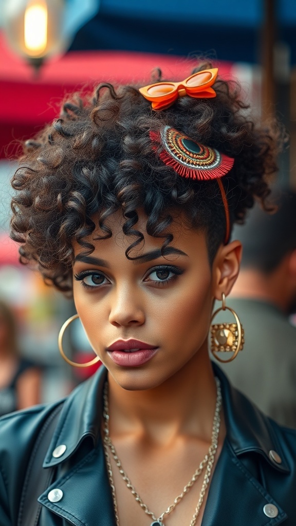 A woman with curly hair styled with a vibrant orange bow and an intricate headpiece, wearing hoop earrings and a leather jacket.