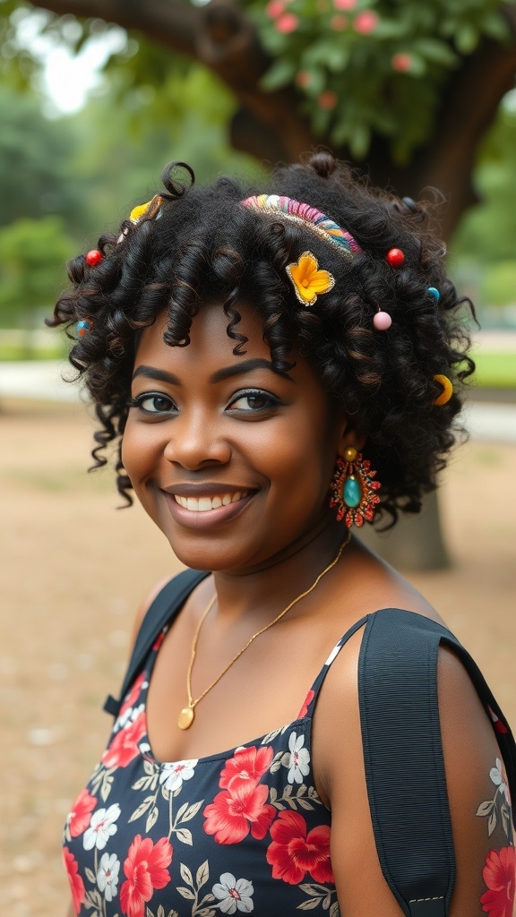 A woman with curly hair styled with colorful accessories, smiling in a floral dress.