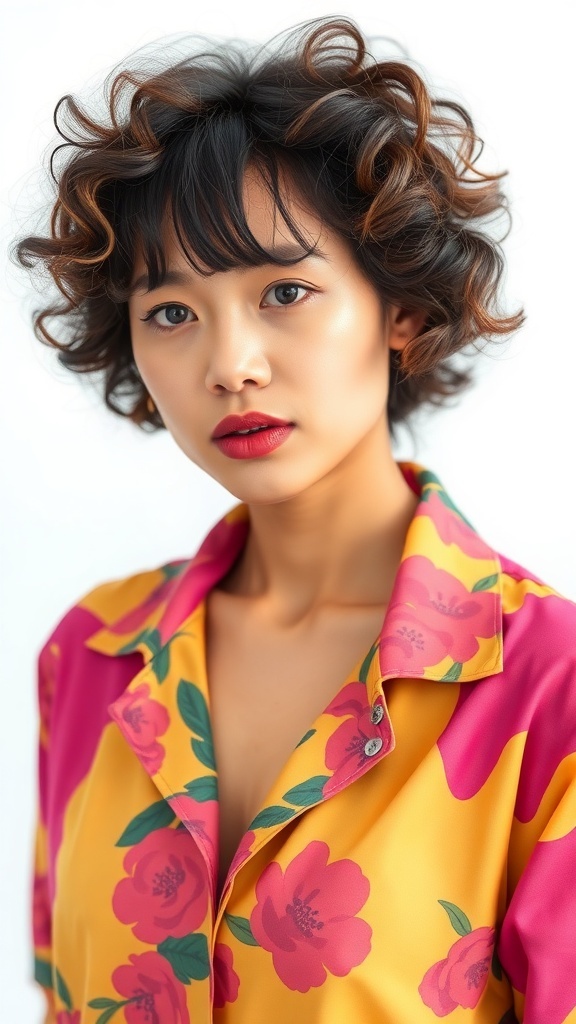 A person with curly hair and bangs, wearing a colorful floral shirt.