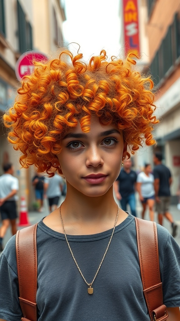 A young person with vibrant orange curly hair, wearing a casual outfit and a backpack, standing in a busy street.