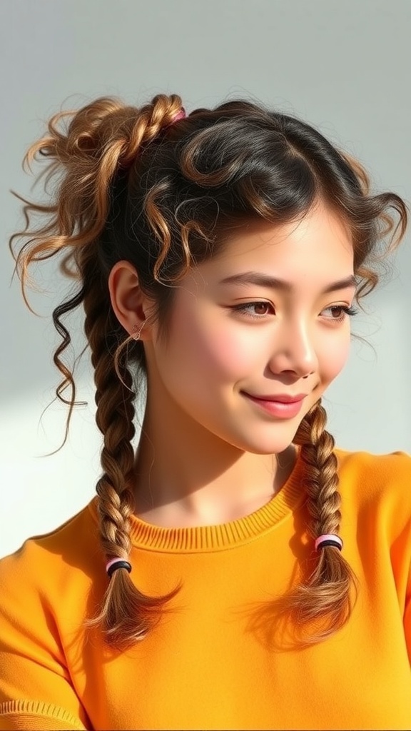 A young woman with curly hair styled in two braids, wearing an orange top.