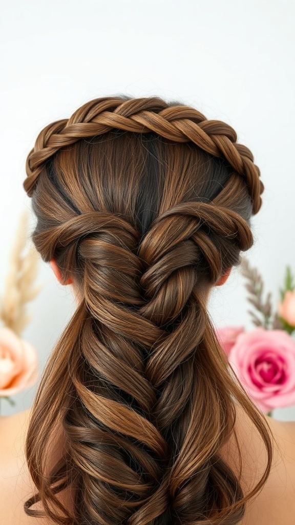 A beautiful hairstyle featuring a braided crown with curly hair cascading down.