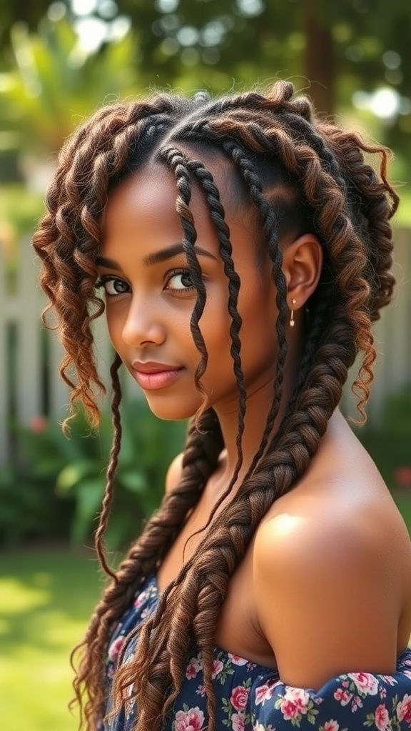 A young girl with curly hair styled in braids, showcasing a playful and stylish look.