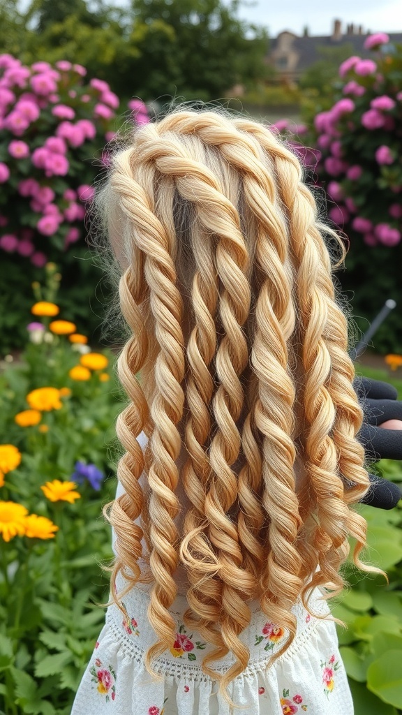 Blonde curly hairstyle with braids, featuring defined curls and colorful flowers in the background.