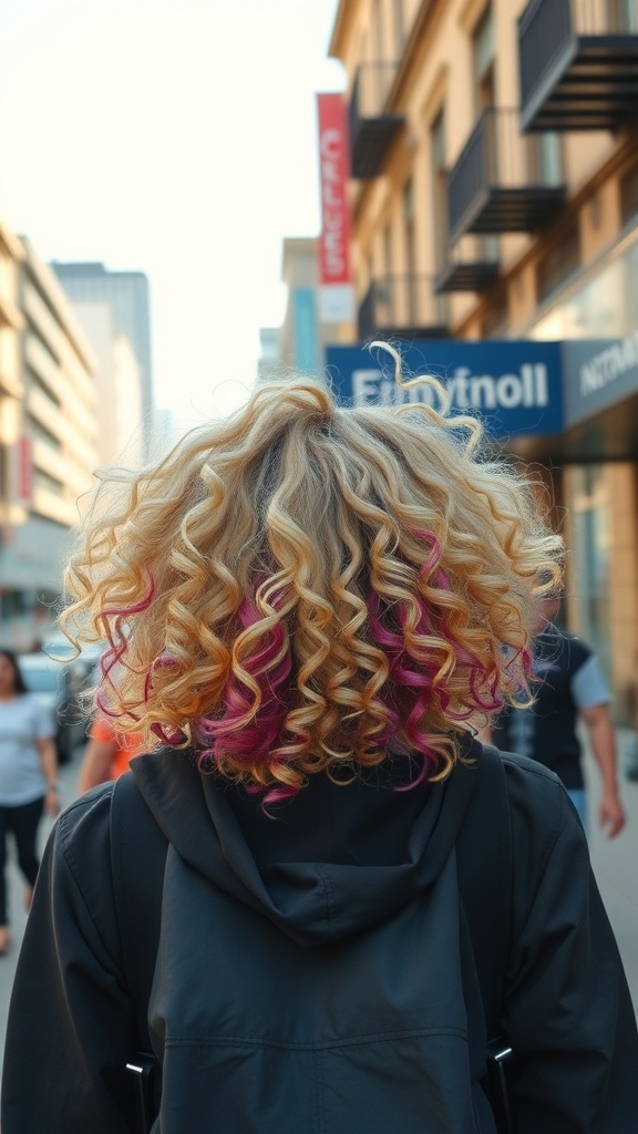 A person with blonde curly hair featuring pink highlights, seen from behind in an urban setting.
