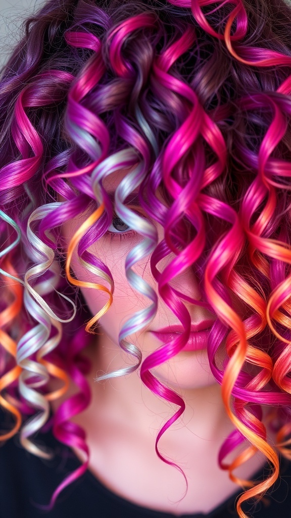 A close-up of vibrant curly hair featuring shades of pink, purple, and orange highlights.