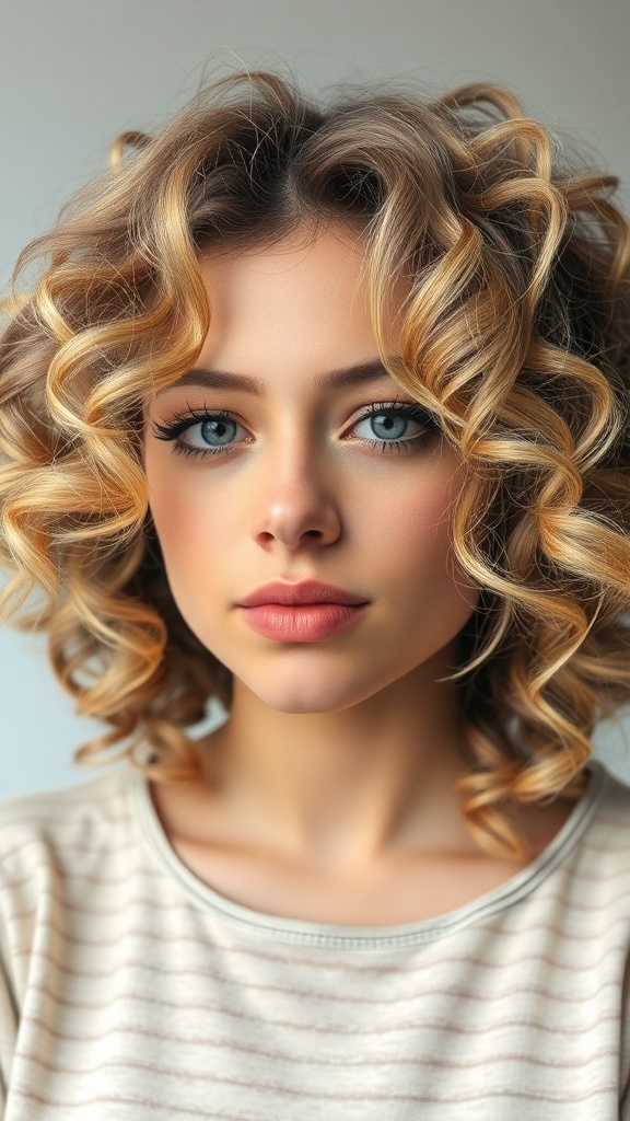 A woman with beautiful curly hair styled with face-framing layers.