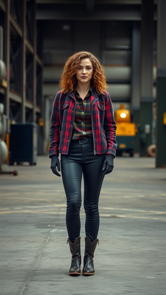 A woman with curly hair wearing a flannel shirt, leather pants, and boots, standing confidently in an industrial setting.