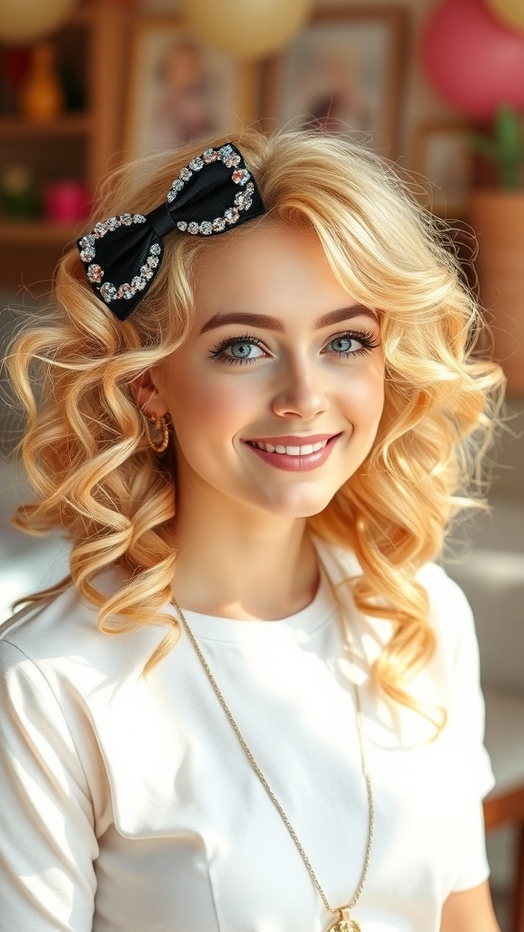 A woman with blonde curly hair wearing a black bow hair accessory.