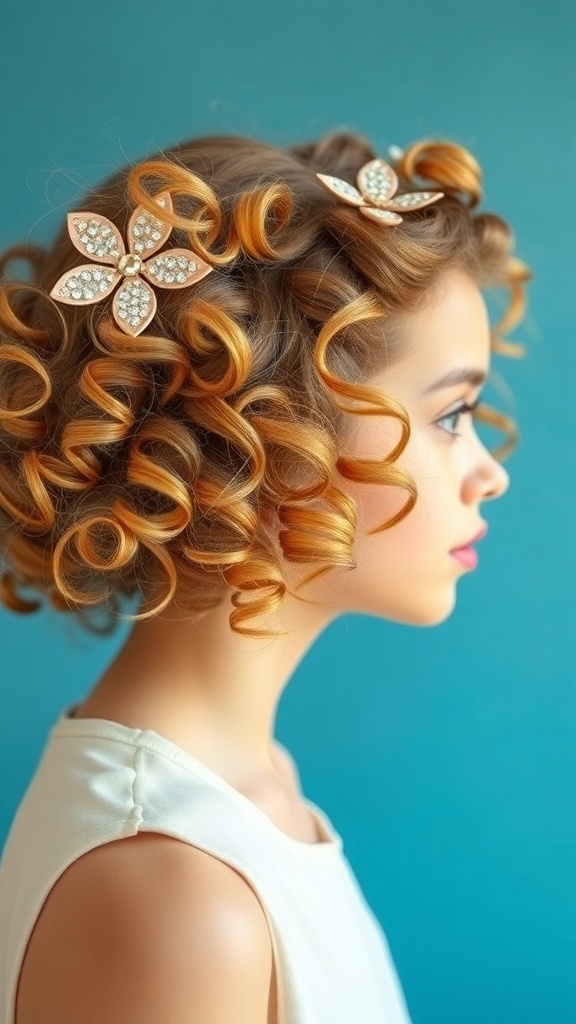 A girl with curly hair styled with decorative hair clips.