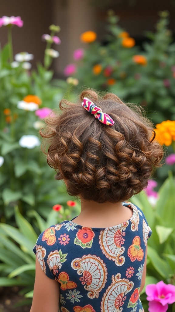 A child with curly hair styled with a colorful hairband, surrounded by flowers.