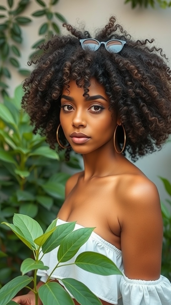 A woman with curly hair wearing sunglasses, surrounded by green plants.
