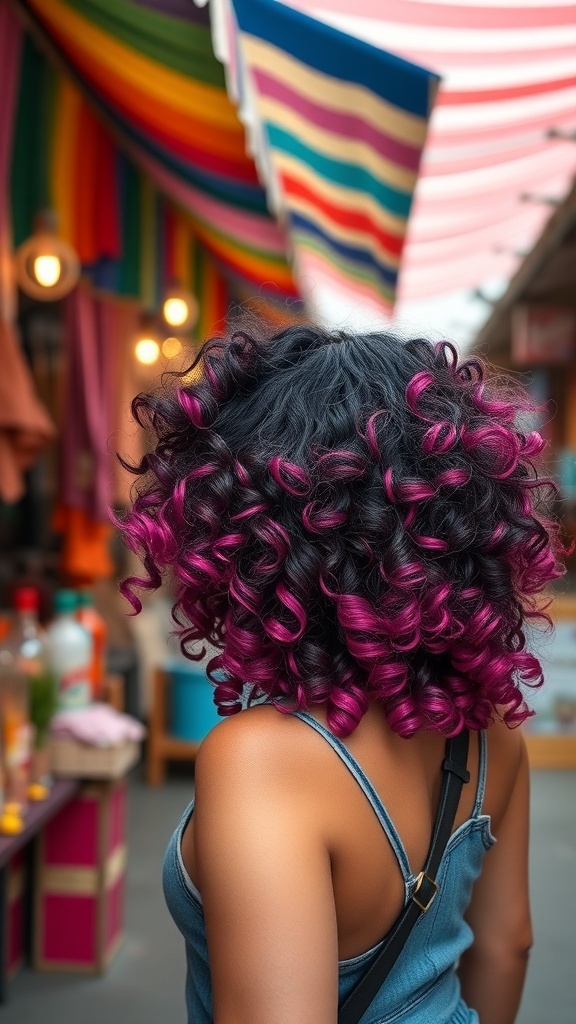 A person with curly hair styled in an ombre color, transitioning from black to pink, set against a colorful background.