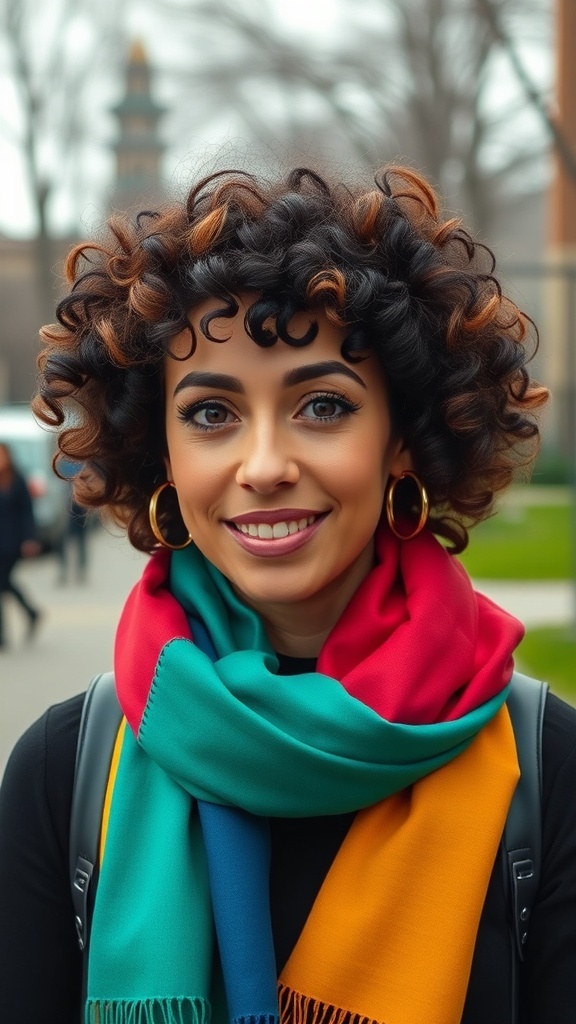 A woman with curly hair wearing a colorful scarf, smiling outdoors.