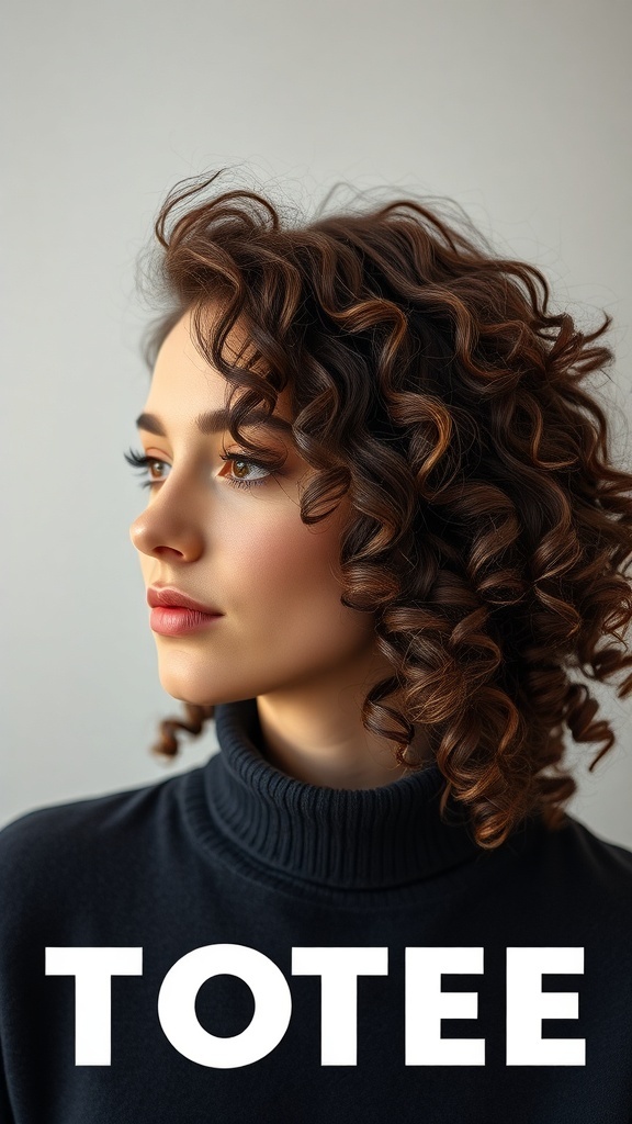 A woman with curly hair styled in a side part, showcasing defined curls and a soft texture.