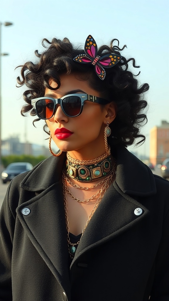A woman with curly hair styled with a colorful butterfly clip, oversized sunglasses, and layered jewelry.