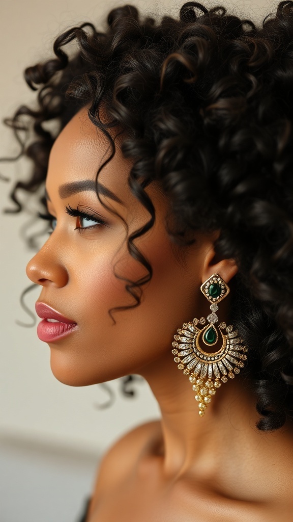A woman with curly hair wearing statement earrings, showcasing a stylish and bold look.