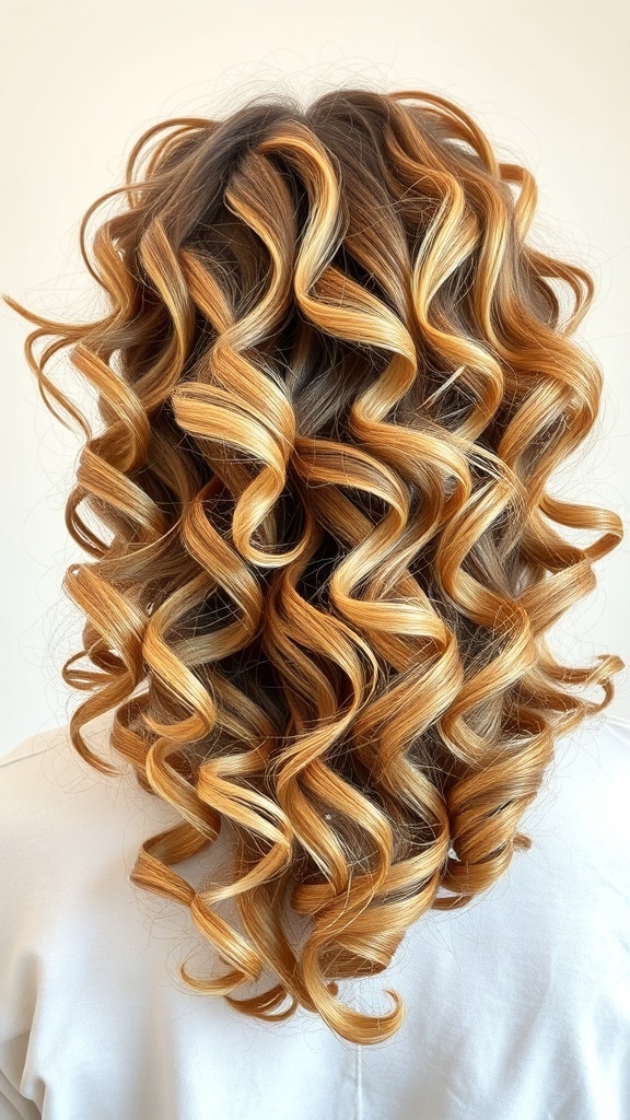 Curly hair styled with subtle golden highlights