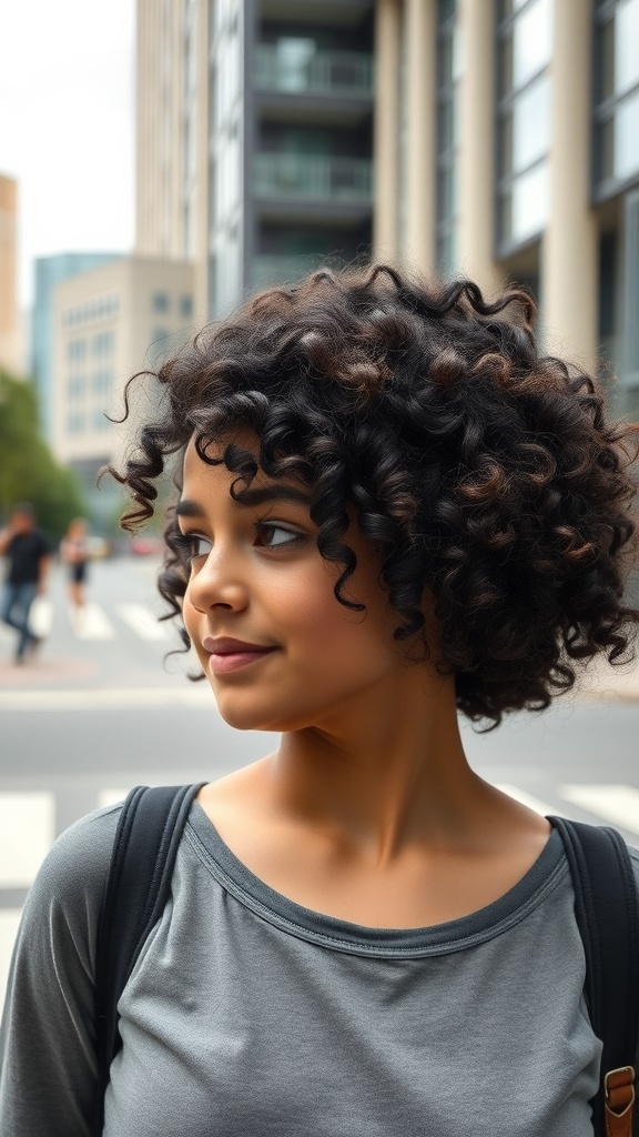 A young woman with curly hair and textured ends, smiling in an urban setting.