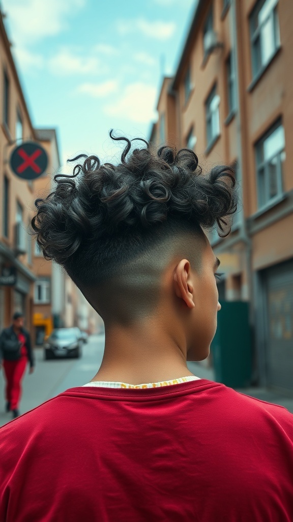 A person with curly hair styled in an undercut, showcasing defined curls on top and shaved sides, walking in an urban setting.