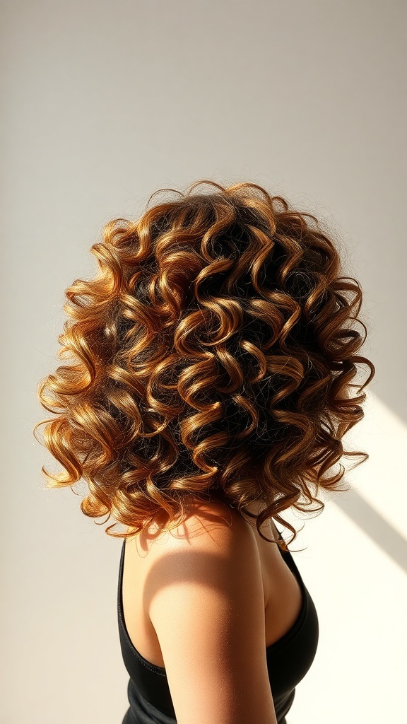 A person with voluminous curly hair, showcasing defined curls and shine.