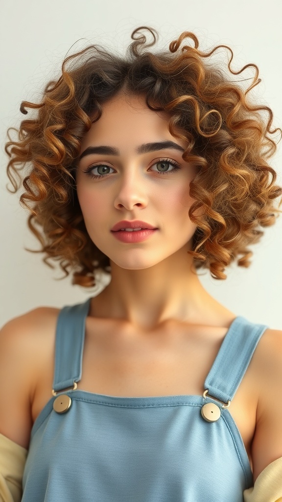 A young woman with curly hair styled with volume at the roots, wearing a blue top.