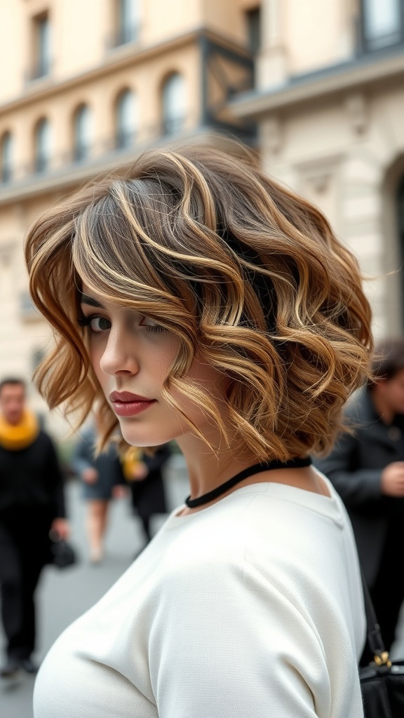 A woman with a curly lob hairstyle featuring highlights, standing outdoors.
