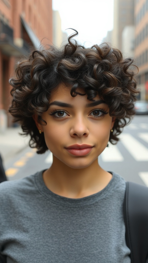 A person with a curly lob hairstyle, featuring textured ends, standing on a city street.