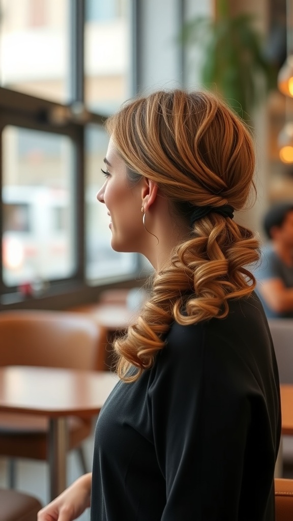 A woman with curly hair styled in a low side ponytail, showcasing her curls elegantly.