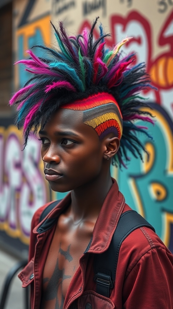 A person with a colorful curly mohawk hairstyle, showcasing vibrant curls and shaved sides against a graffiti background.