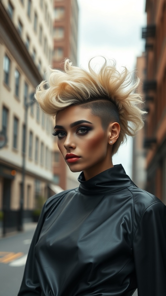 A stylish curly mohawk hairstyle with shaved sides and voluminous curls on top, set against an urban backdrop.