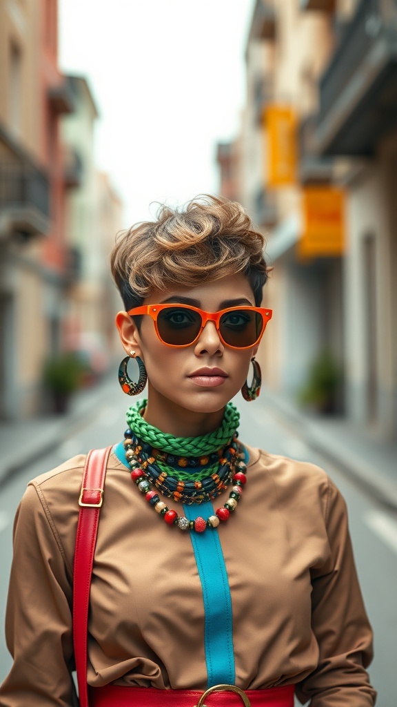 A person with a curly pixie cut, wearing colorful accessories and stylish clothing, standing on a street.