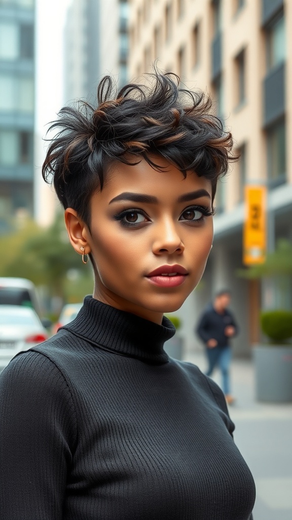 A woman with a curly pixie cut, showcasing a stylish and confident look.