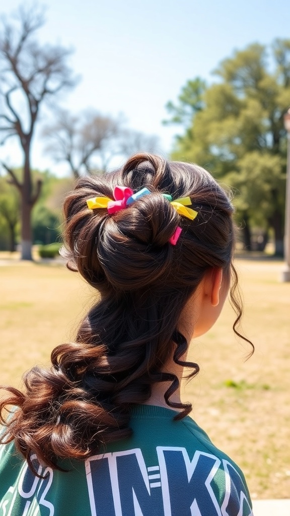 A curly ponytail with colorful ribbons, showcasing a playful hairstyle.