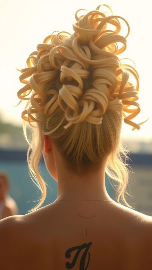 A blonde curly ponytail styled with volume, showcasing playful curls.