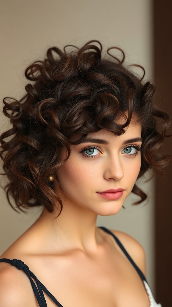 A woman with a curly updo hairstyle, showcasing defined curls and a casual look.