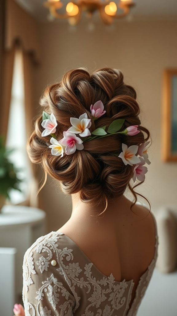 A curly updo hairstyle decorated with flowers, showcasing elegance and style.