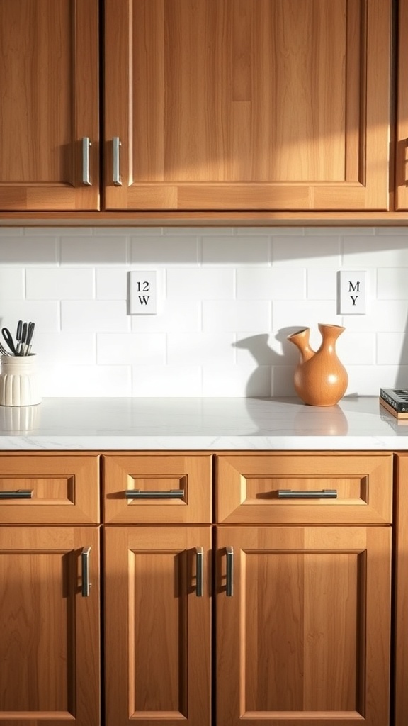 Custom engraved kitchen cabinet handles on wooden cabinets.