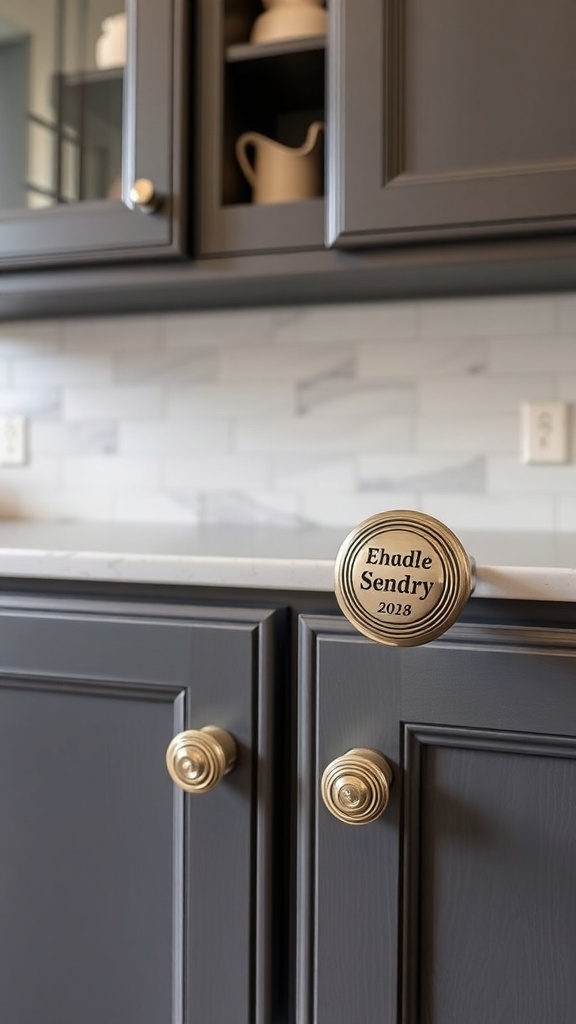 Custom engraved kitchen cabinet knobs with a name and date.