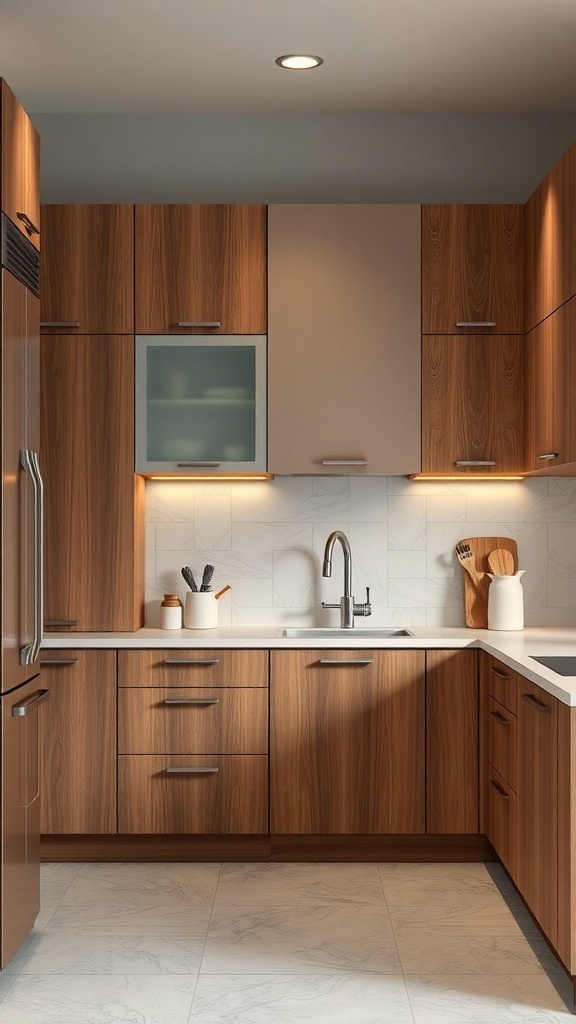 A modern modular kitchen with wooden cabinetry and sleek design.